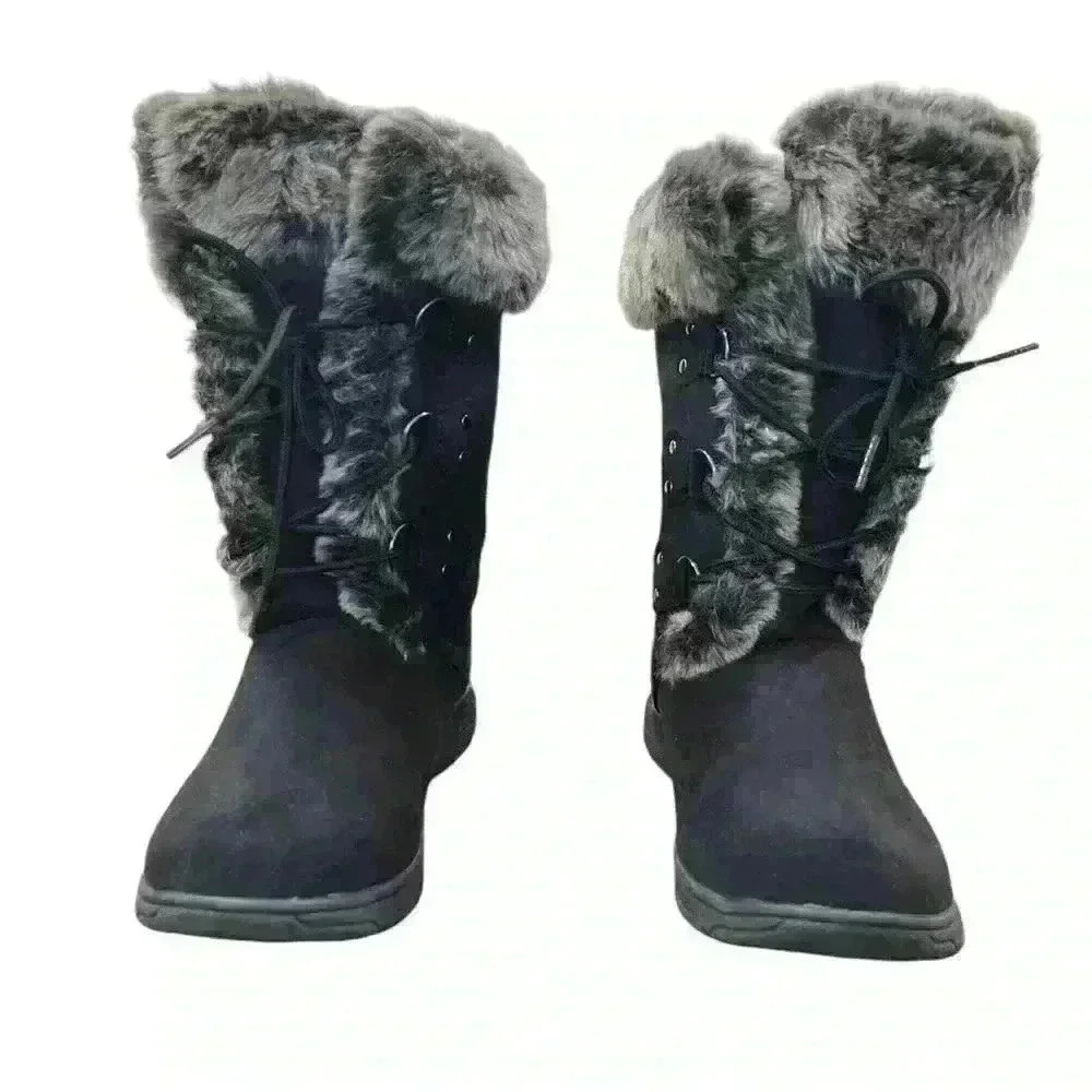St John’s Bay Chase Shoes Size 8 Black Winter Lace Up Faux Fur Boots